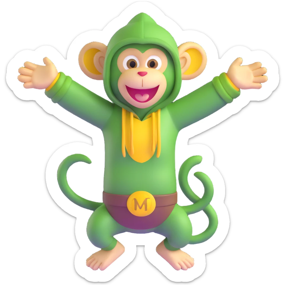 Cute 3D green monkey with big yellow ears, dark hood, and a happy face. Arms open wide, always smiling and full of energy. Friendly, fun, and curious — perfect for preschool kids. sticker