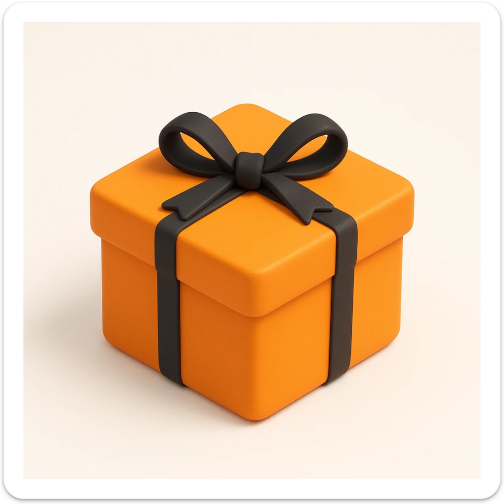 3D style orange Hermès box, same square shape and proportions as reference, with a black ribbon tied in a bow, minimal, no logo, on white or transparent background sticker