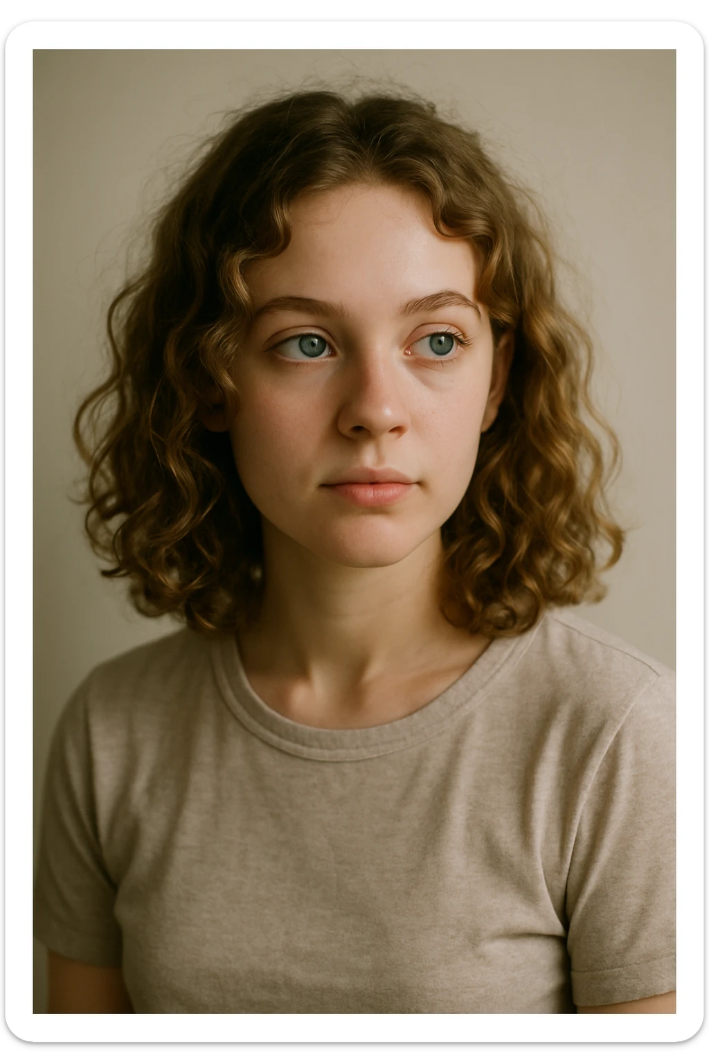 white girl, dark blonde shoulder length curly hair, blue-green eyes, looking to the side, upper body sticker