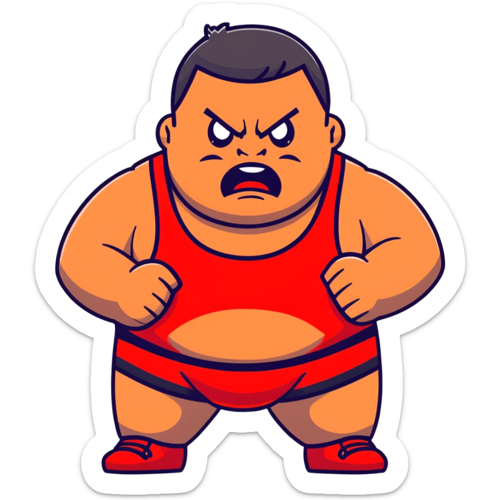 Close-up of white skin fat guy with young face, no muscle with prominent black durag, completely shaved face, no beard or mustache, black eyes in a red and black wrestling singlet with angry face sticker