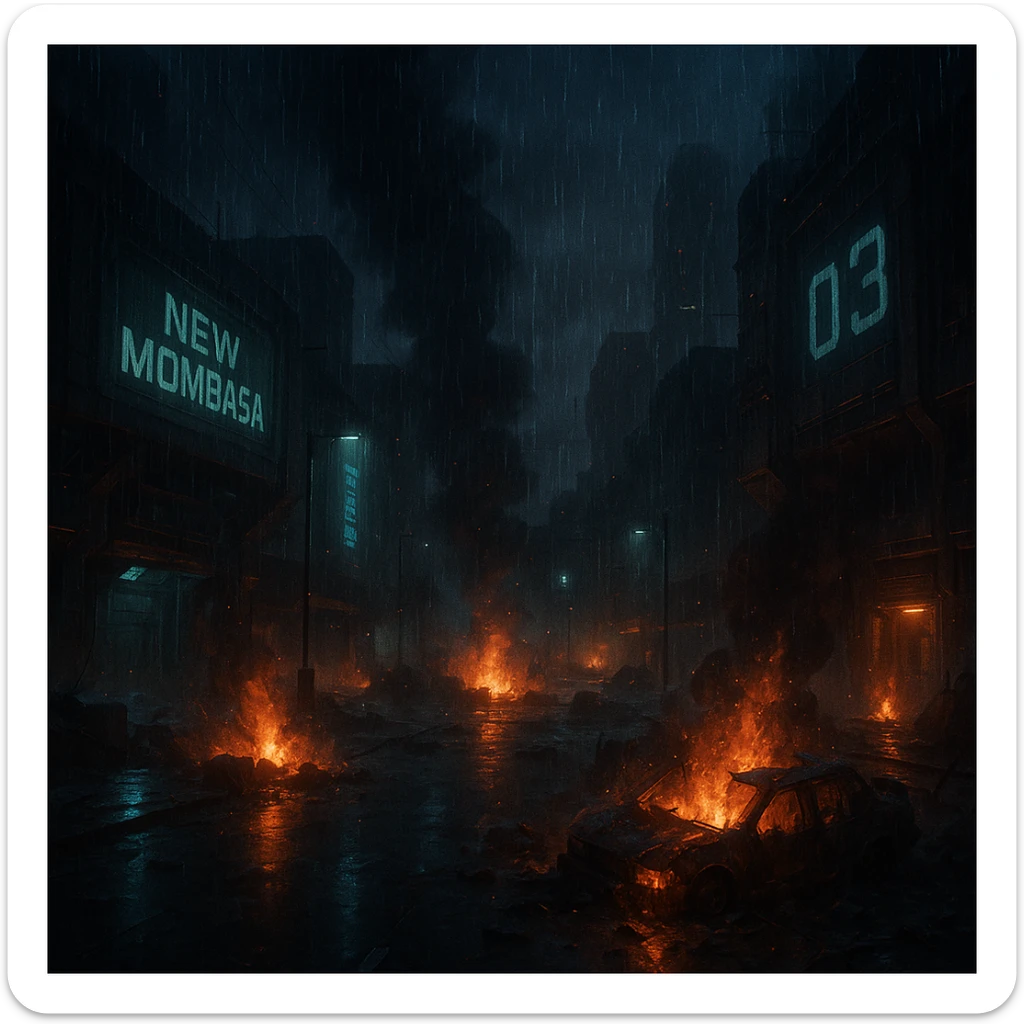 Night time streets of New Mombasa from ODST. "Mombasa Streets"  dying battle flames and smoke rise amongst pouring rain sticker