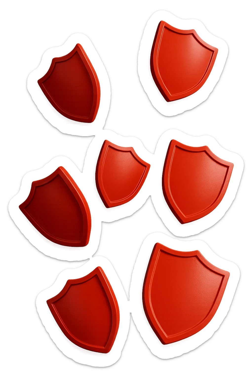 6 scudi 3d rossi che simboleggiano "difesa e protezione", cadono dall'alto casualmente, realistici in 3d, iperrealistico 4k sticker