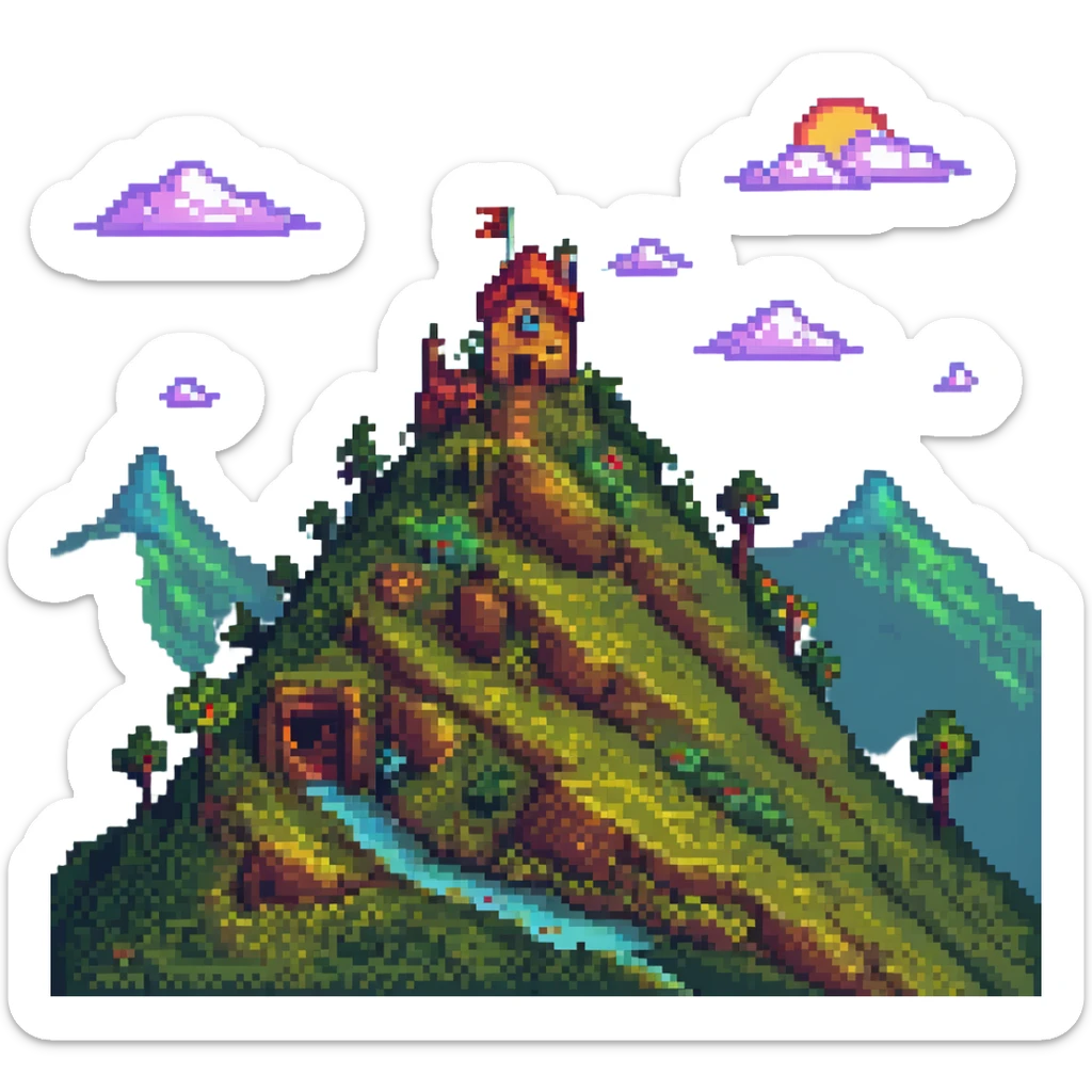 a house on a hill, pixel art style, blocky shapes, vibrant colors, retro video game look sticker
