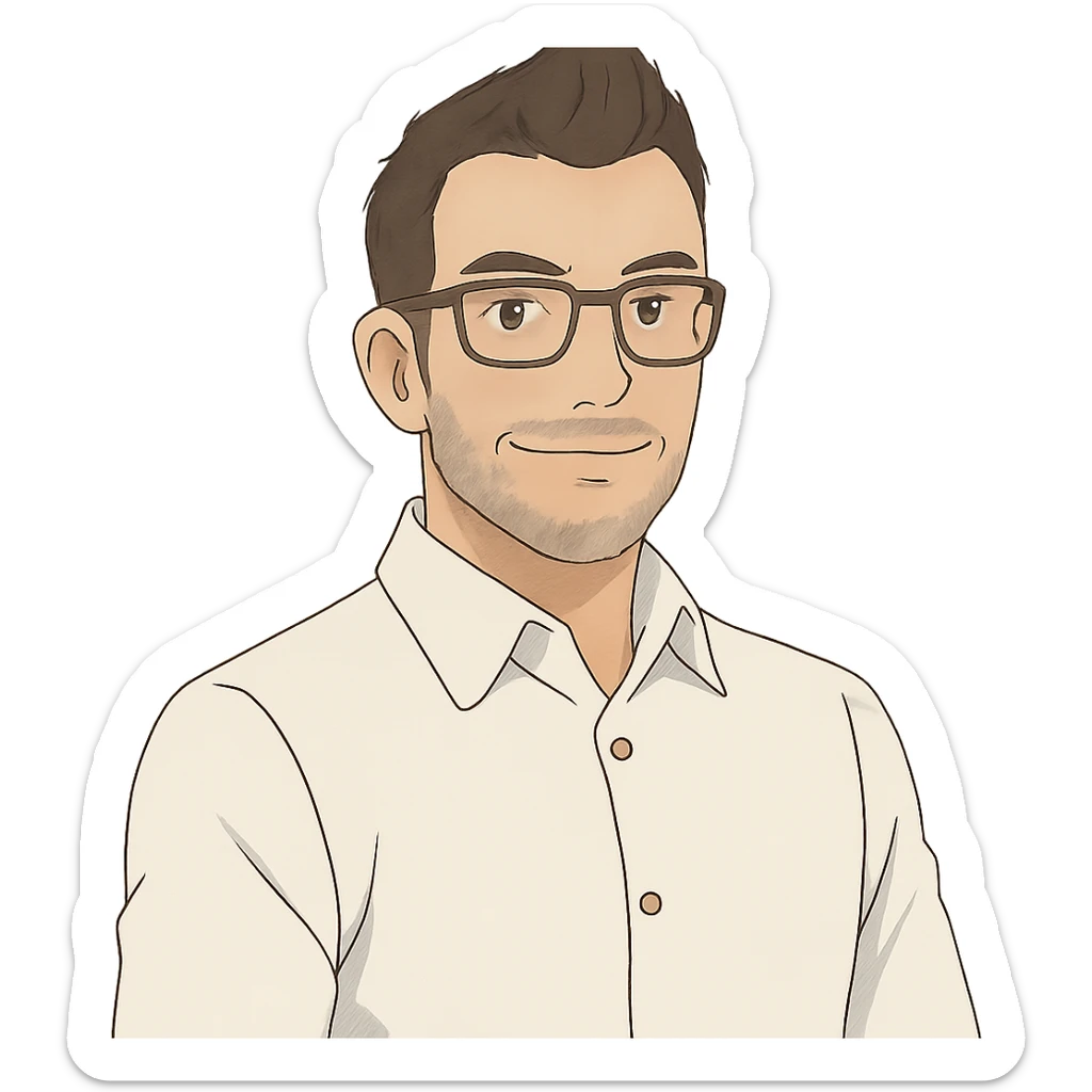 soft color, portrait of a confident businessman, white button up, no tie, dark brown fauxhawk, brown rectangular glasses, gray stubble on chin sticker