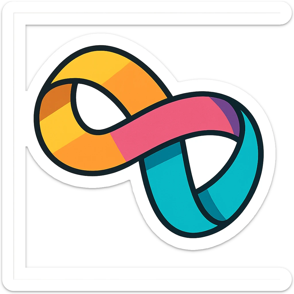 Mobius strip made of a ribbon, vibrant and playful, colorful, cartoon style sticker