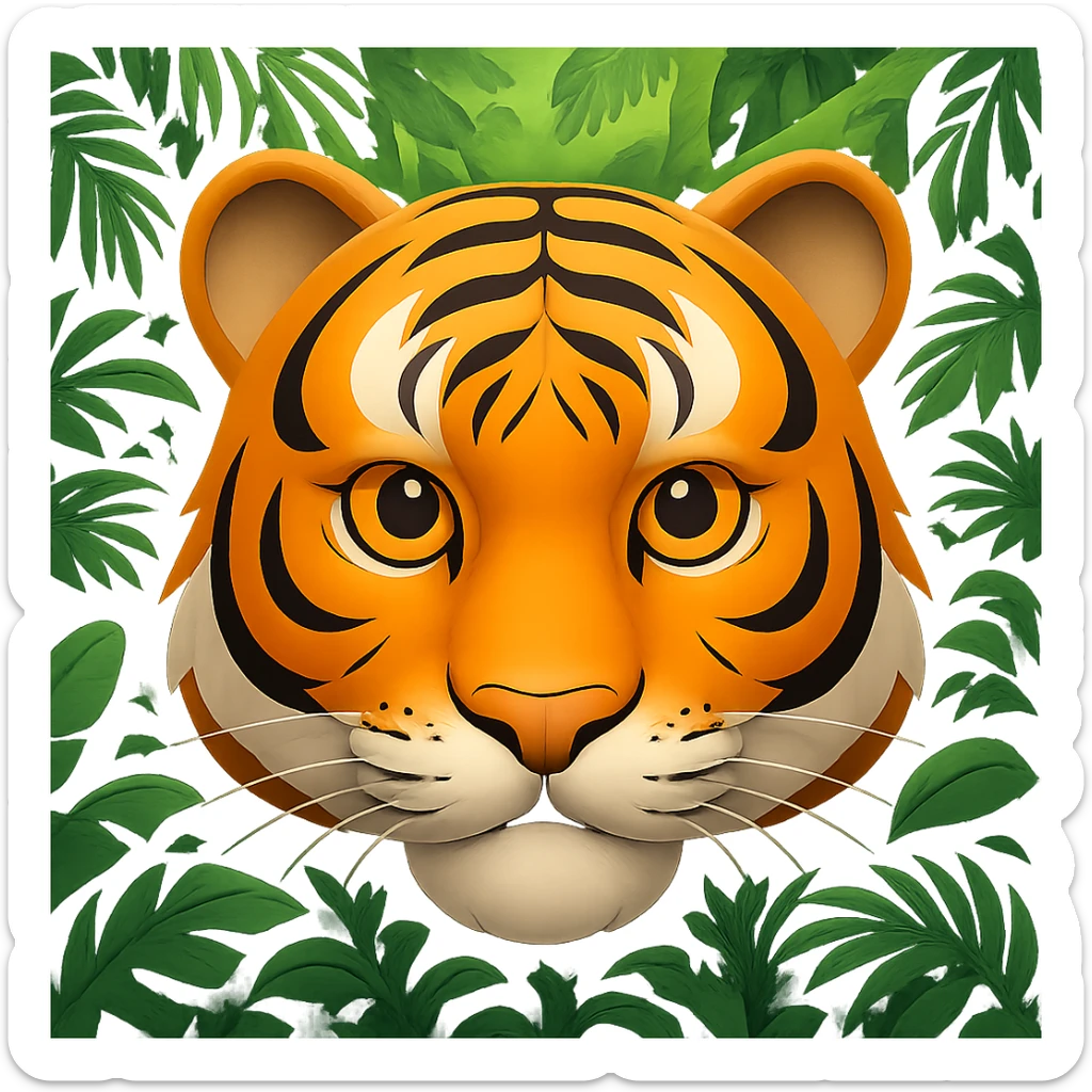 Add a lush green jungle background behind the tiger in the style of apple emojis, preserving the apple emoji style and look. sticker