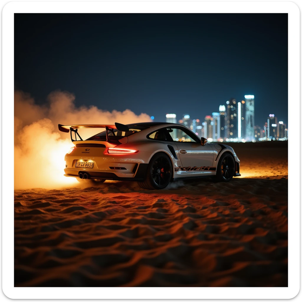 Cinematic shot, Porsche 911 gt3 rs in fire, desert, night, dubai city in background sticker