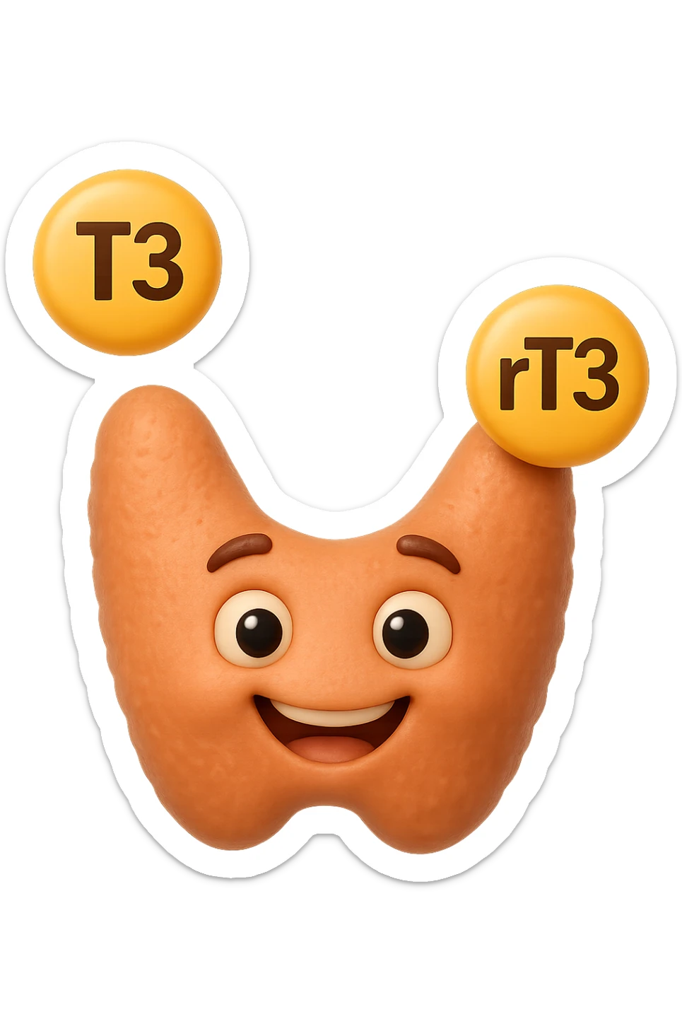EMOJI STILE IPHONE 3D DI ormoni tiroidei (T3 ed rT3) che fluttuano in aria intorno ad una tiroide felice, iperrealistico 4k sticker