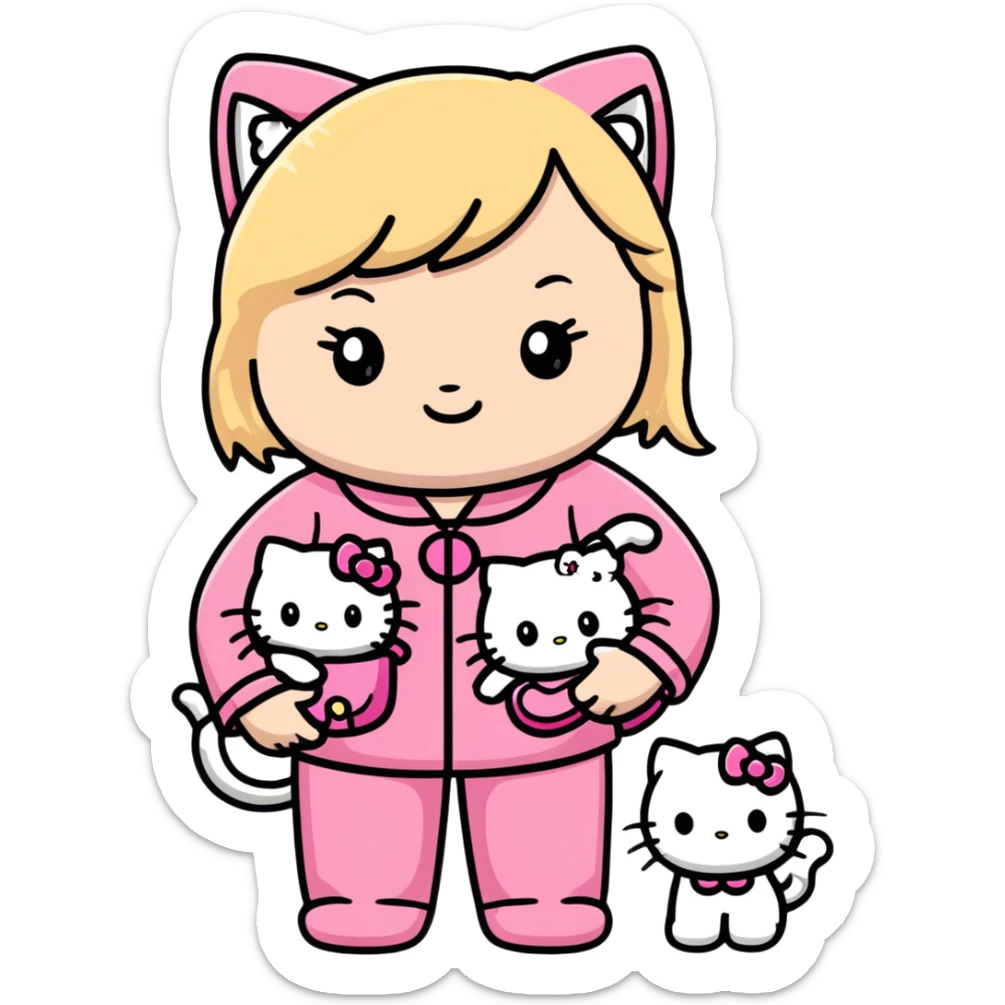 Blonde girl wearing pink Hello Kitty pajamas with two ragdoll cats sticker