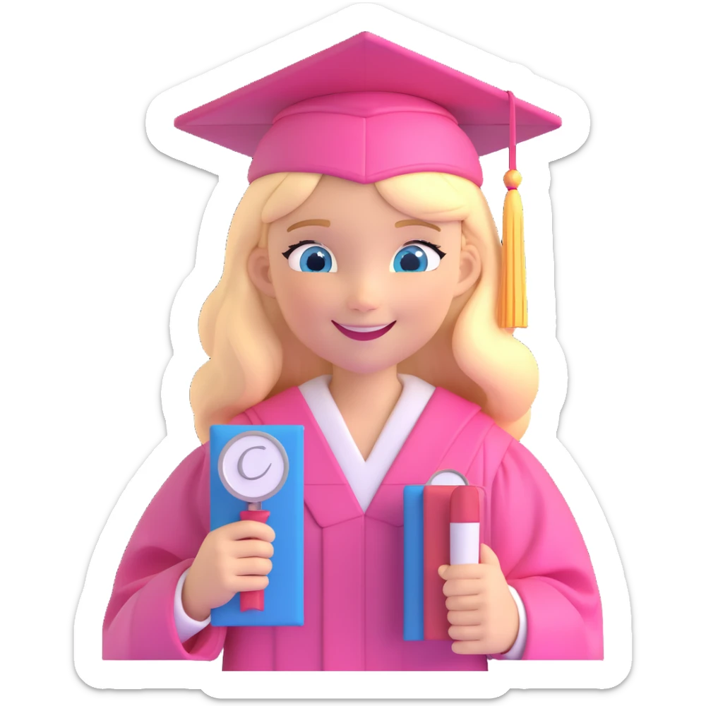 blonde girl with blue eyes in a pink graduation cap and gown, smiling, holding diploma sticker