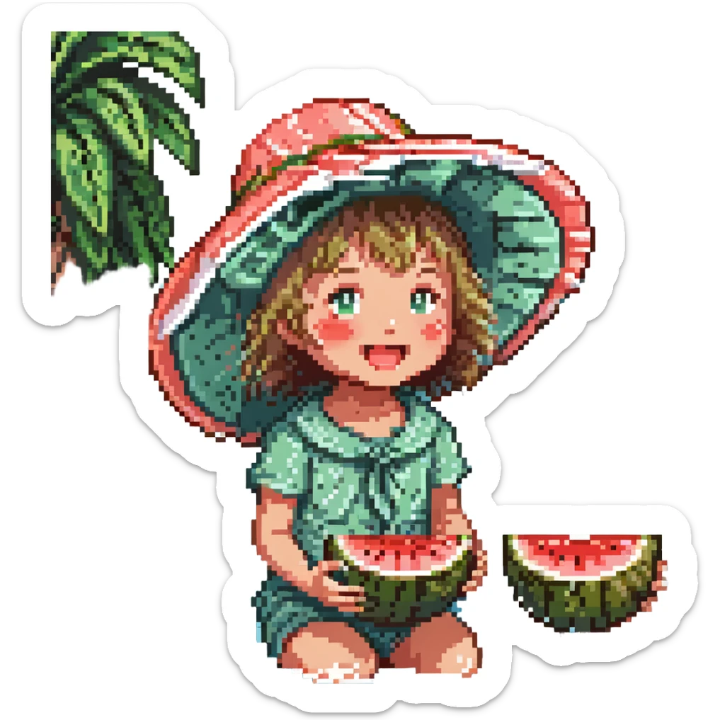 Change the river color to a deep blue, keeping the rest of the pixel art scene the same, with a cheerful child in a big sun hat eating watermelon by a sparkling river, water splashing, summer vibes. sticker