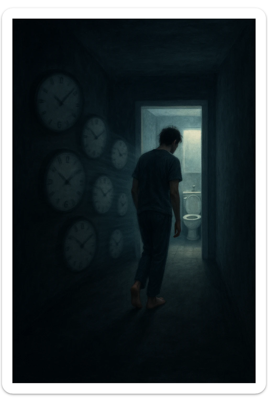 In una scena notturna onirica, un uomo cammina a piedi nudi in un corridoio buio verso un bagno illuminato, ripetutamente. Dietro di lui, come in una scia, ci sono orologi sfocati che simboleggiano il sonno interrotto. Ogni passo è lento, stanco, come se il corpo chiedesse riposo ma la vescica non lo permettesse. sticker