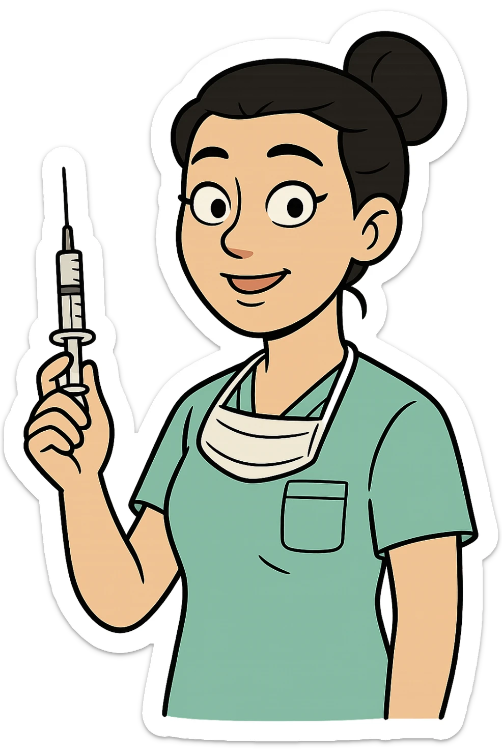 a modern day asian woman nurse holding a vaccination needle sticker