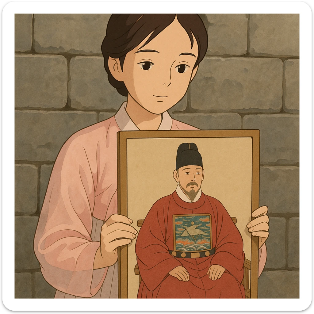 a young woman in a pale pink sheer hanbok holding a traditional Korean portrait in front of a grey stone wall, focus on traditional Korean art details in the portrait, ghibli style sticker