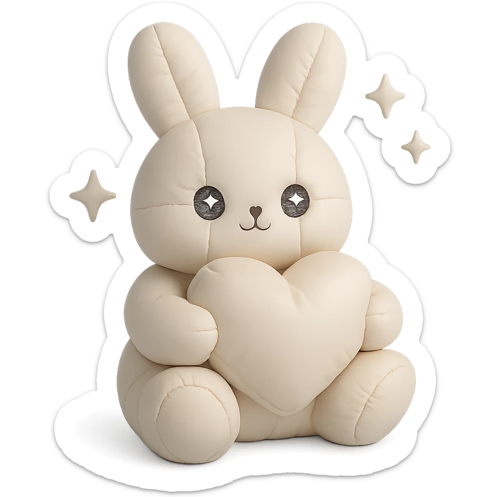 full-body milky white bunny with sparkling eyes, holding a big heart, sparkles floating around, dreamy pose, cushion style sticker