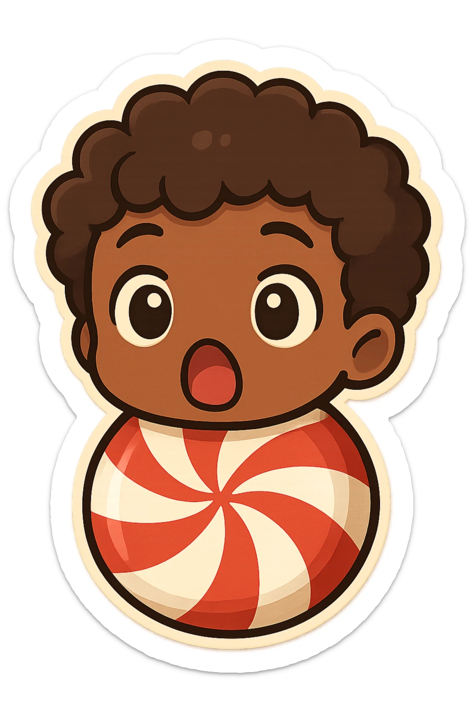 brown male peppermint chibi with curly hair, wide eyes and open mouth, surprised, vibrant colors sticker