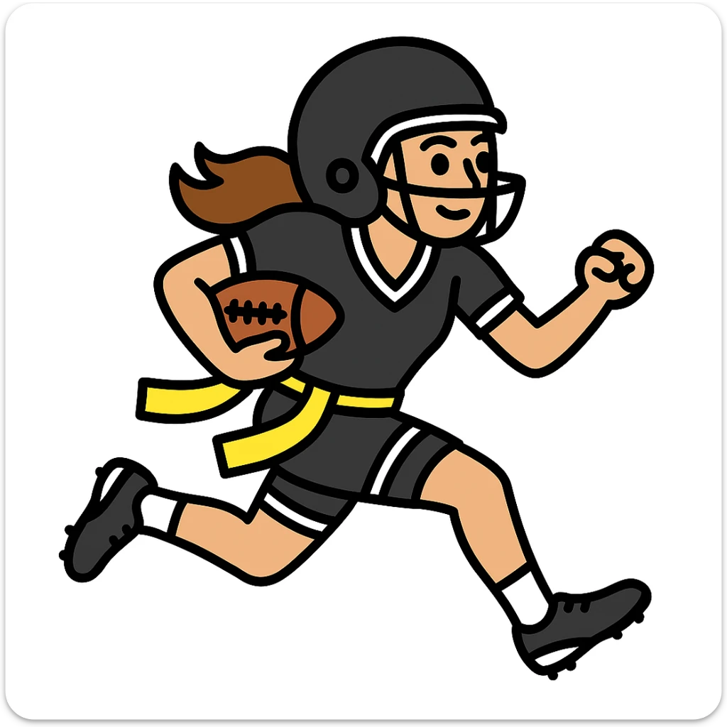 Update to show a woman running with a football, wearing a helmet, a black uniform with white accents, and a lemon lime colored flag belt around her waist. No country flags. Keep the background transparent. sticker