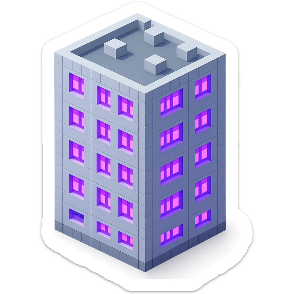 Russian panel apartment building, modernized square block, light gray, ultraviolet glowing windows, isometric view sticker