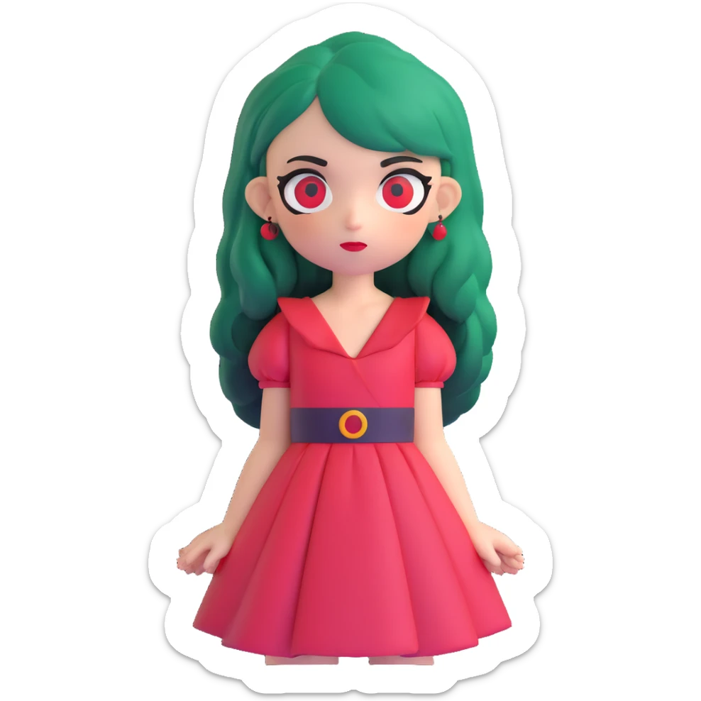 girl with dark green hair, red eyes, and a red dress sticker