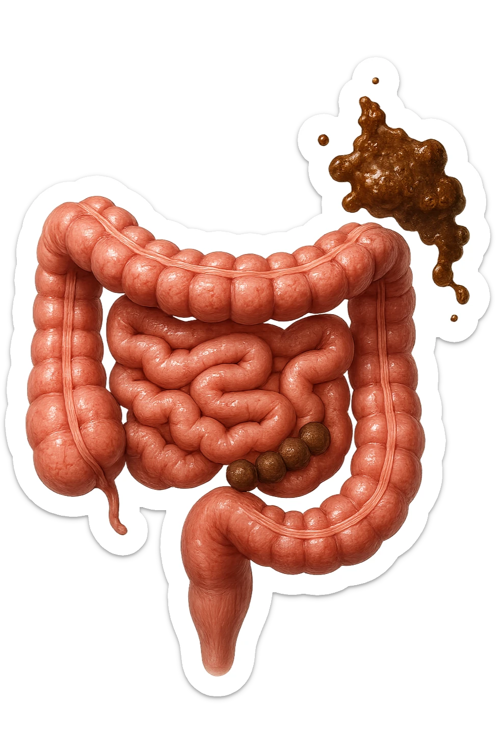 INTESTINO UMANO ANATOMICO REALISTICO CON FECI A PALLINE E FECI LIQUIDE CHE FLUTTUANO DIETRO BEN DISTINTE, IPERREALISTICO 4K sticker