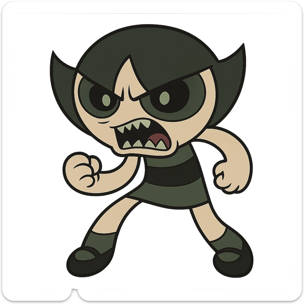 Buttercup from Powerpuff Girls, cartoon style, full body, scary and intimidating face, aggressive pose, dark and eerie colors sticker