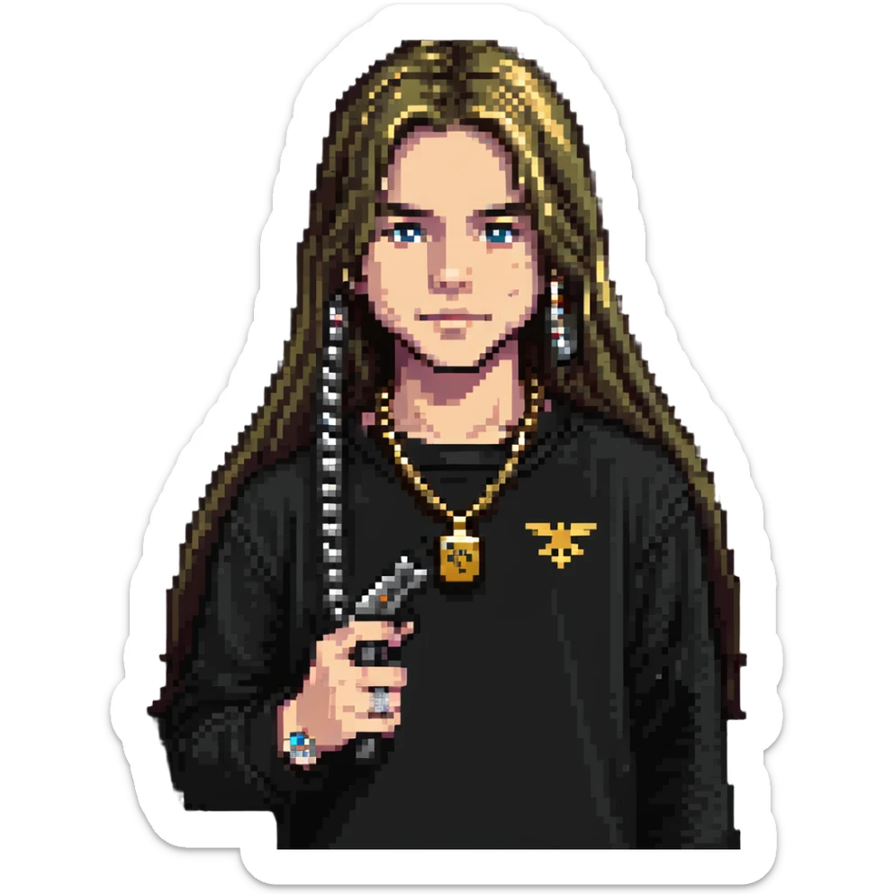 kid with long hair holding a glock, wearing a diamond grill and a 24 karat gold chain sticker