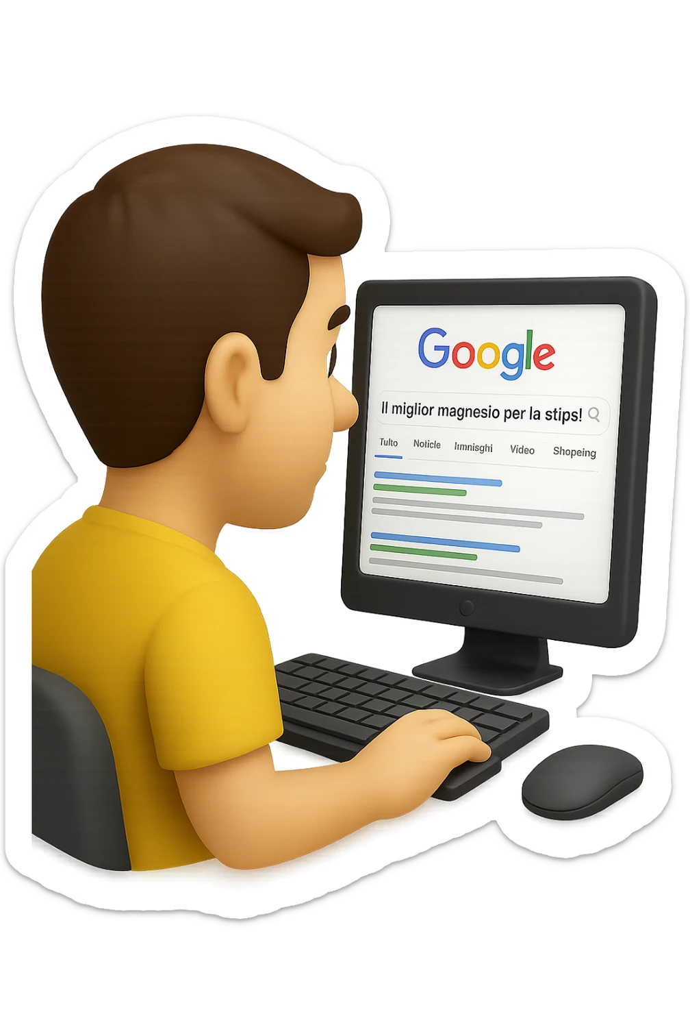 emoji stile iphone di un uomo davanti al pc che cerca di google: "Il miglior magnesio per la stipsi", iperrealistico 4k sticker