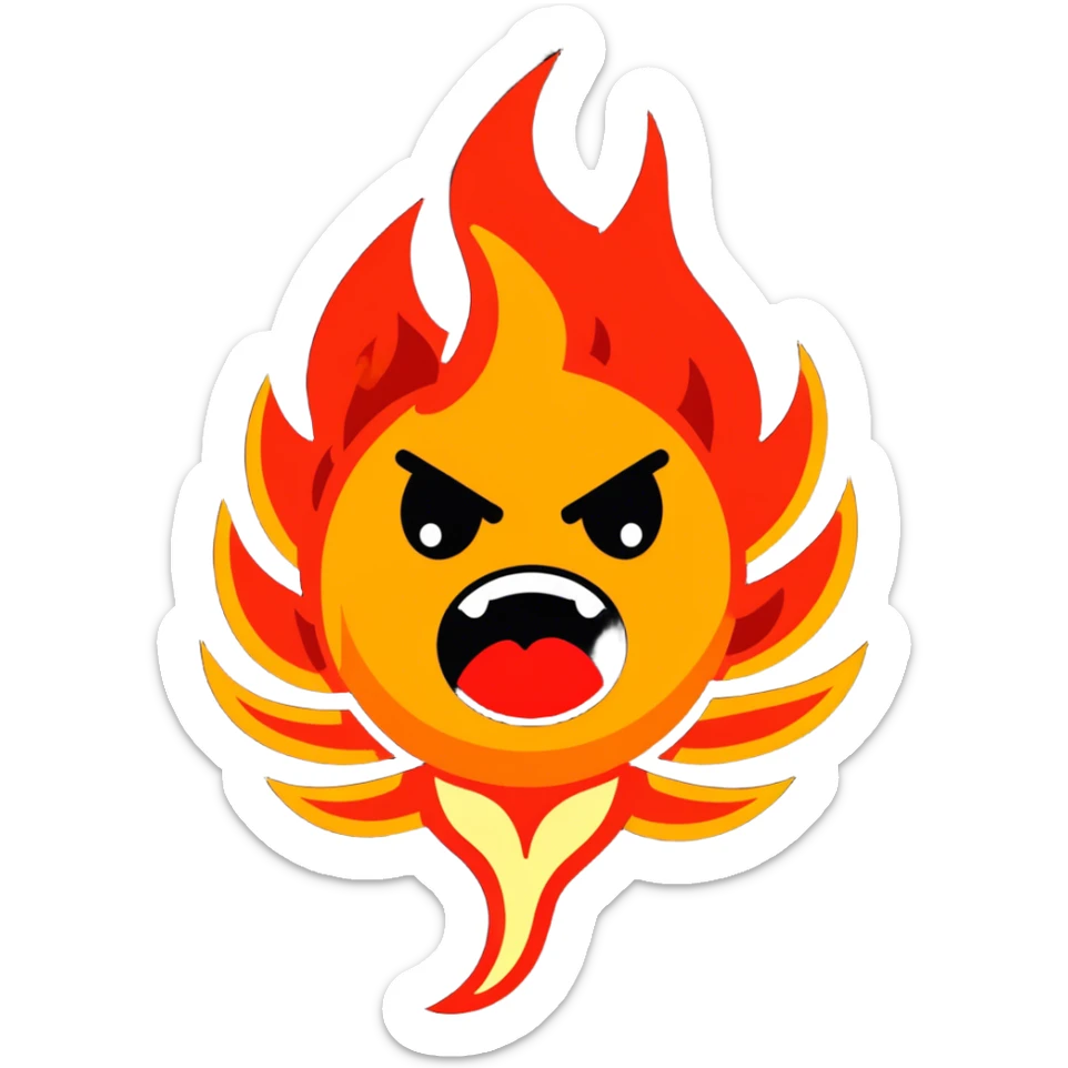"A highly expressive emoji-style face with wide, bloodshot eyes and an open mouth, breathing a large burst of fire. The emoji has an exaggerated, cartoonish look with bright yellow and orange tones. The fire is detailed with red, orange, and yellow flames, creating a dramatic effect. sticker
