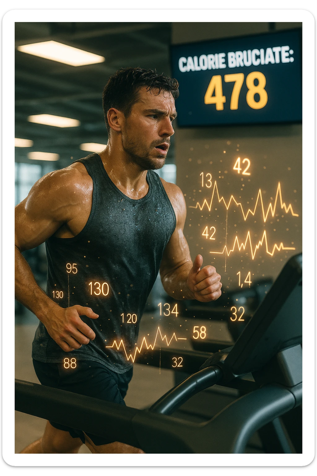 Uomo atletico su tapis roulant in palestra, visibilmente sudato, in piena corsa. Sullo sfondo uno schermo digitale che mostra 'Calorie bruciate: 478'. Intorno al corpo dell’uomo si vedono numeri fluttuanti e grafici energetici, come se si stessero misurando in tempo reale le calorie consumate. Atmosfera dinamica, luce intensa da palestra, sensazione di movimento e impegno. IN ITALIANO sticker