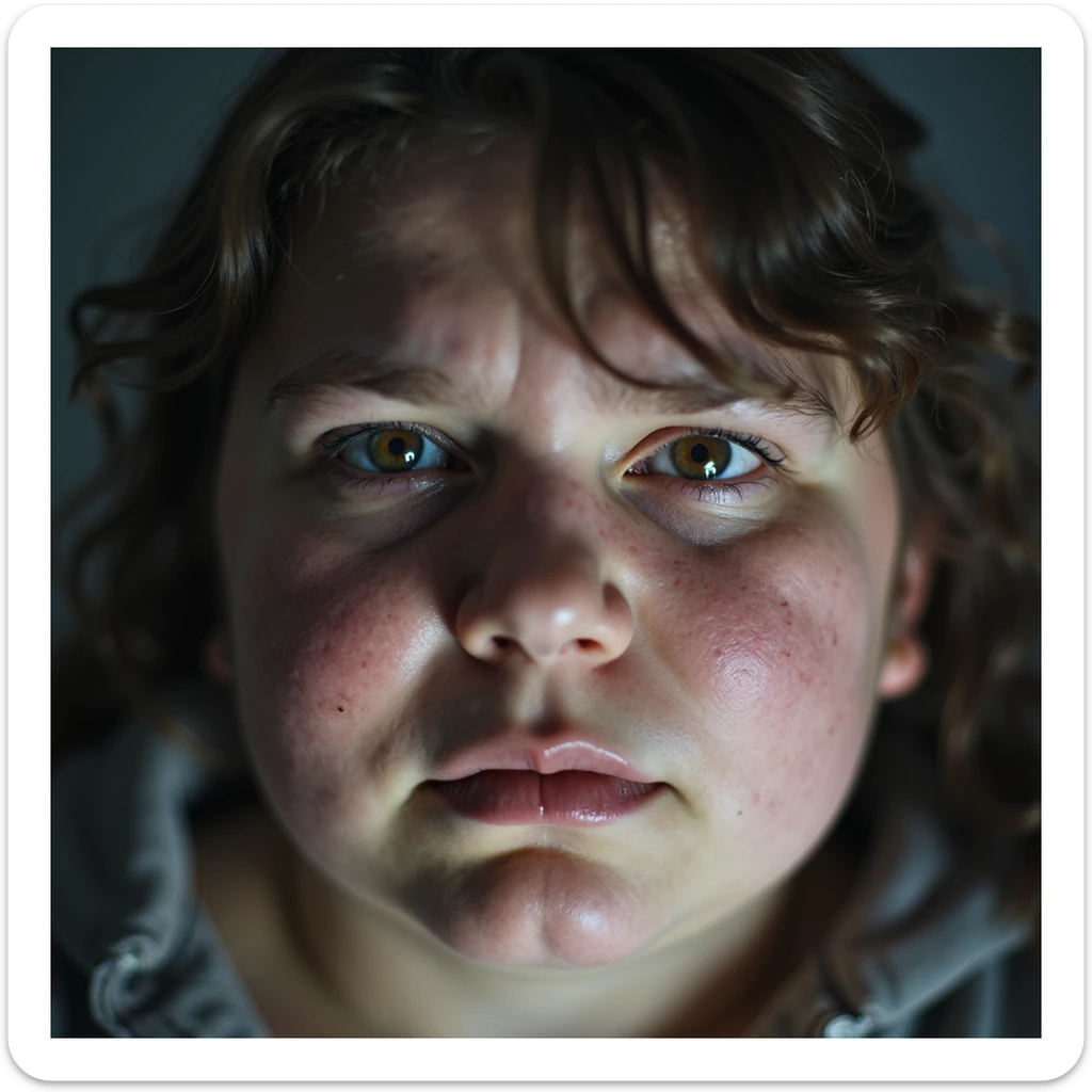 Close-up of obese woman with a lost gaze, tired eyes, furrowed brow, blurred or double exposure effect suggesting mental confusion, hyperrealistic 4K details. sticker
