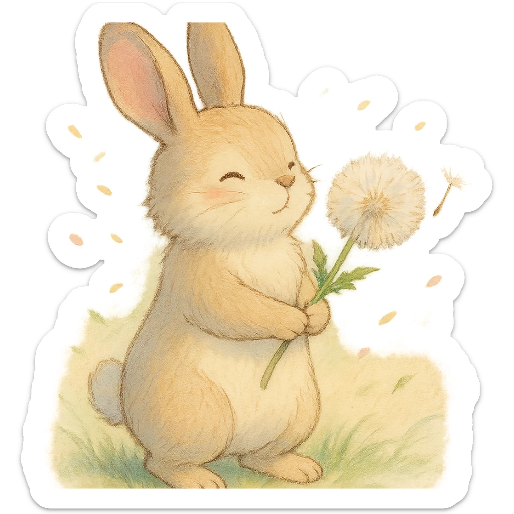 bunny holding a dandelion in the breeze, gentle spring vibe, soft pastel colors, soft Ghibli style sticker