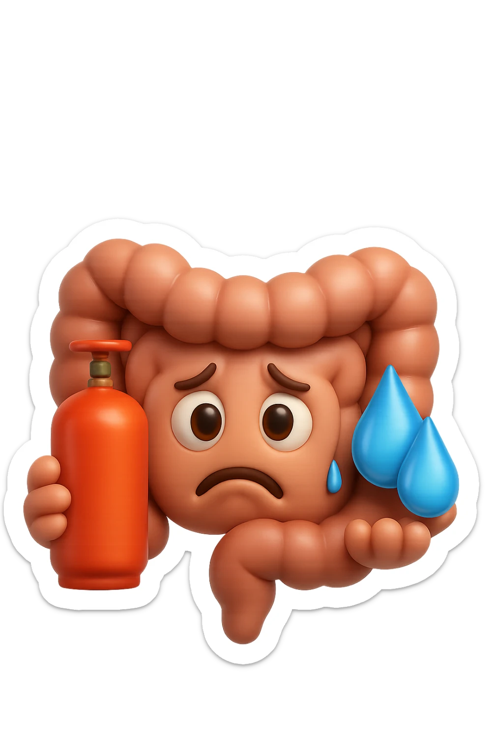 EMOJI STILE IPHONE DI un'intestino preoccupato che ha una bombola di gas in mano e due gocce di acqua in 3d nell'altra mano, IPERREALISTICO 4K sticker