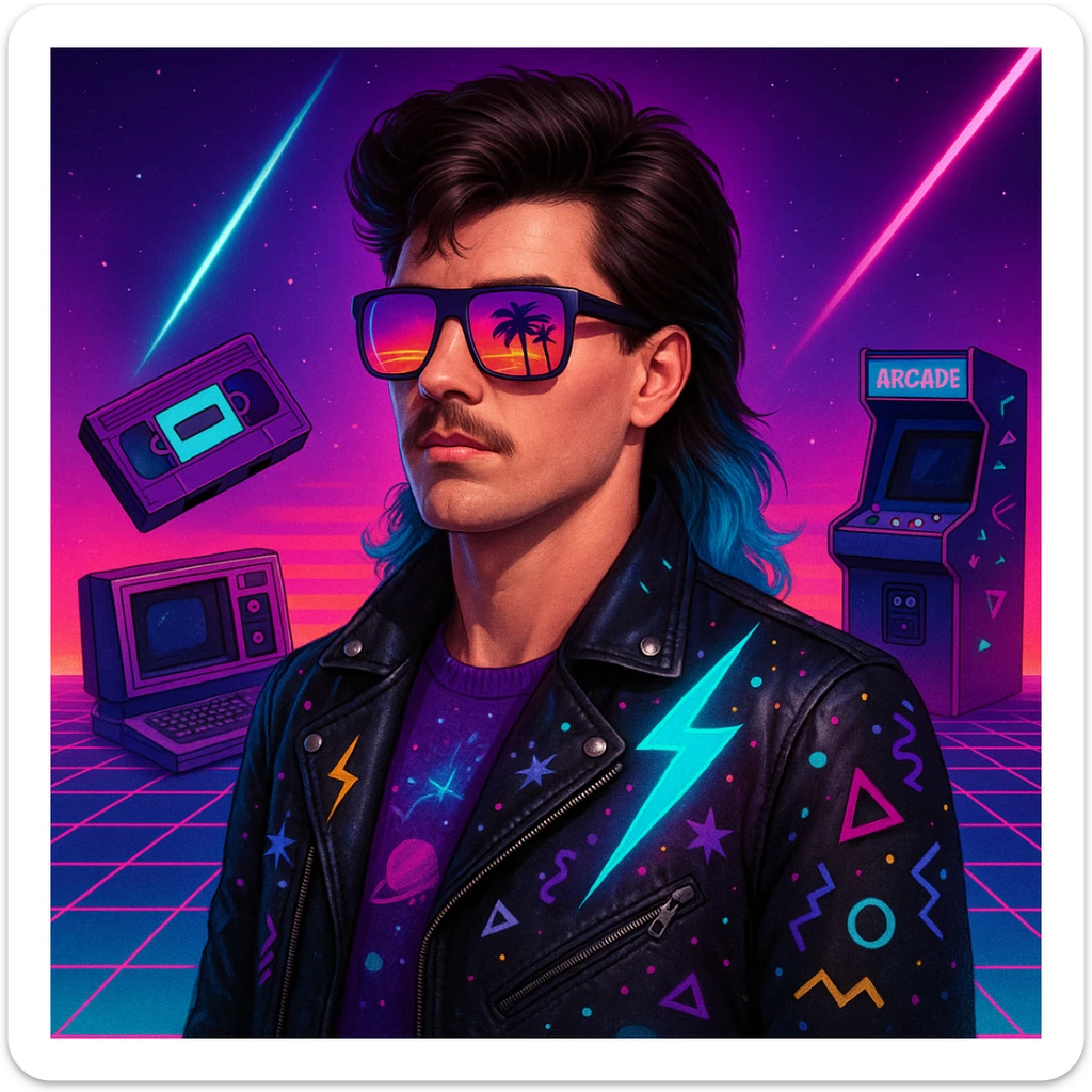 retro-futuristic 80s man with mullet hairstyle with neon blue ends, airbrushed sunglasses with pink to violet gradient and palm/sunset reflection, leather jacket with lightning, cosmic, and Memphis Design elements, neon gradient background with perspective grid, laser beams, cassettes, arcade games, Commodore 64, electric blue, fuchsia, turquoise, ultraviolet colors sticker