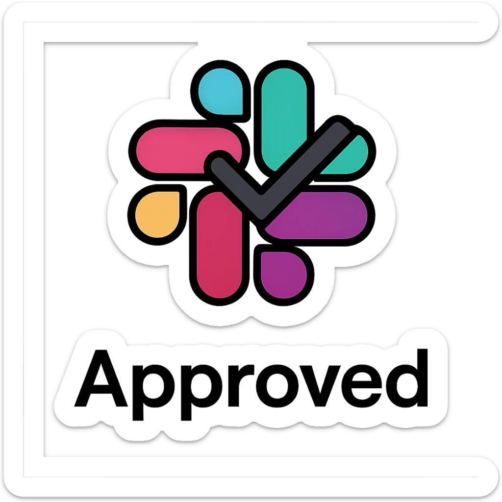 Slack emoji with the word 'Approved' in a clear, readable style, simple color palette, no clutter, designed for easy recognition at small size sticker