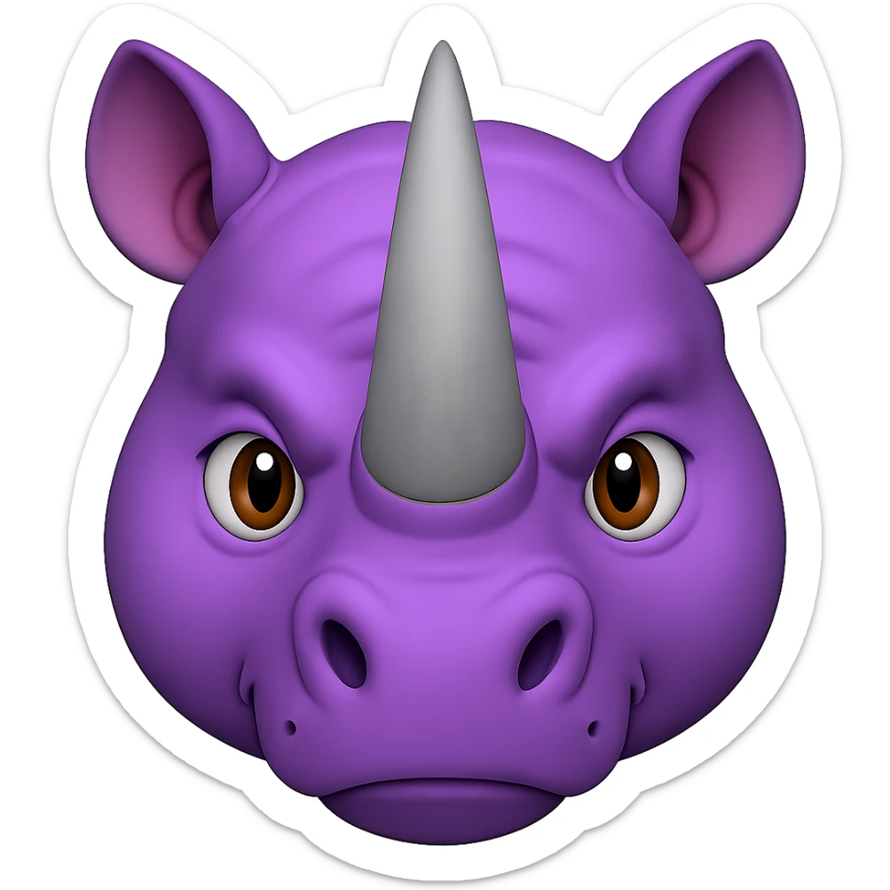 Add two big, normal grey rhino horns to the face, keeping the purple rhino emoji style, no background. The style should resemble the purple rhino emoji style with no background. sticker