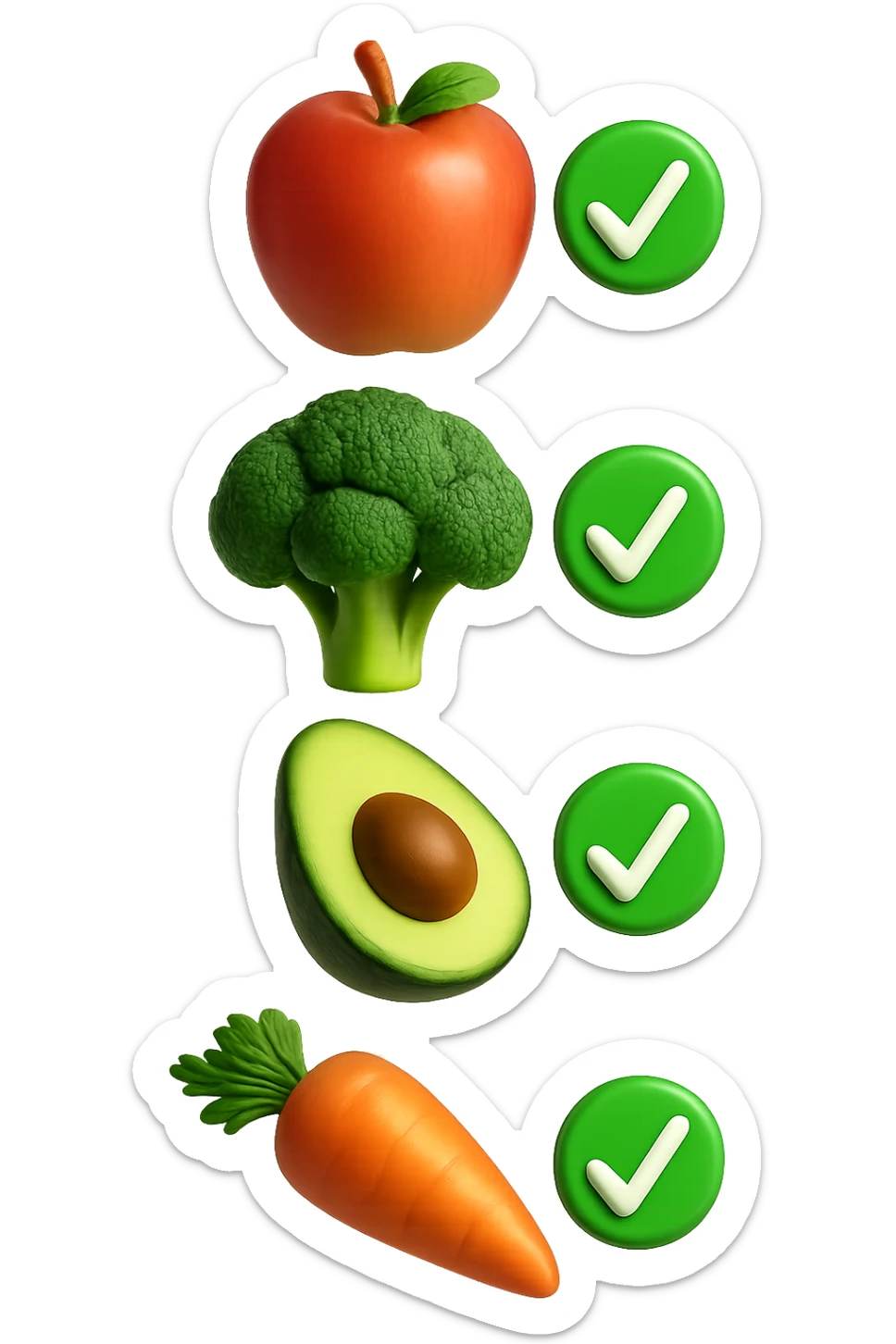 emoji stile iphone in 3d di cibo sano che fluttua in aria vericalmente insieme a spunte verdi di verificato, iperrealistico 4k sticker