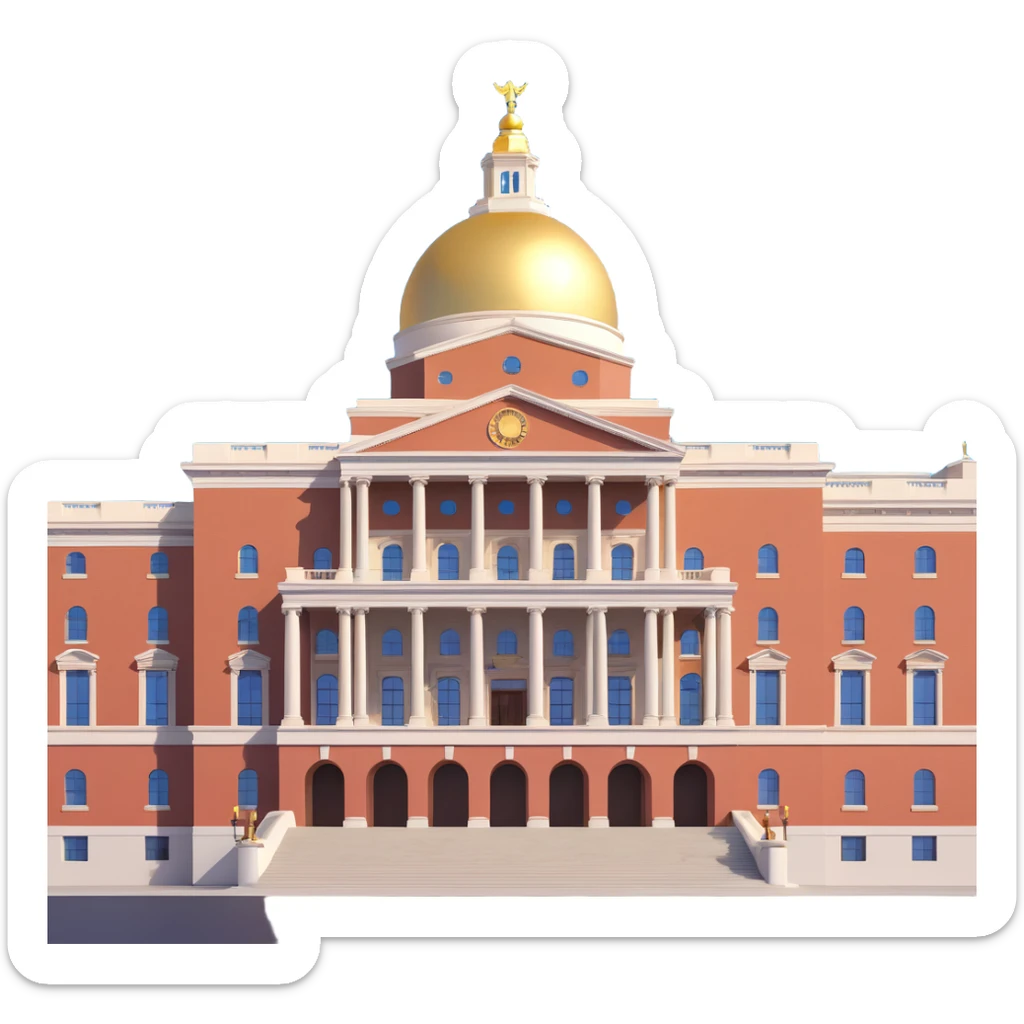 cinematic realistic emoji of the Massachusetts State House in Boston with shiny gold dome, straight-on perspective, iconic architecture, lifelike detail, bright regal lighting on a sunny day, accurate building colors not too yellow sticker