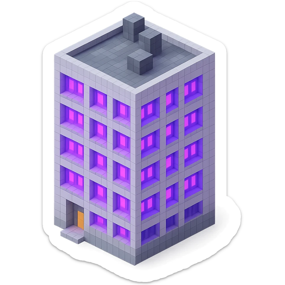 Russian panel apartment building, modernized square block, light gray, ultraviolet glowing windows, isometric view sticker