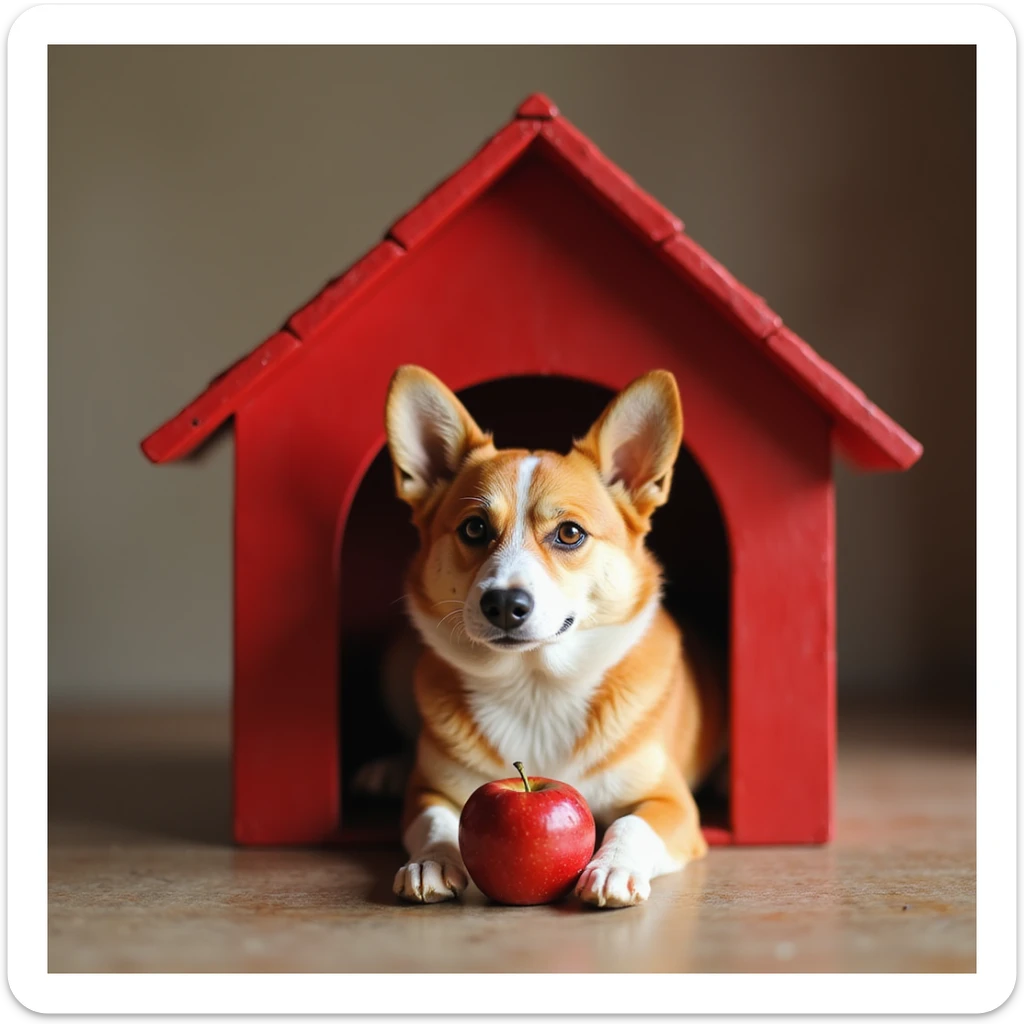 realistic red dog house with a Corgi dog inside, Corgi with a apple, photorealistic style sticker