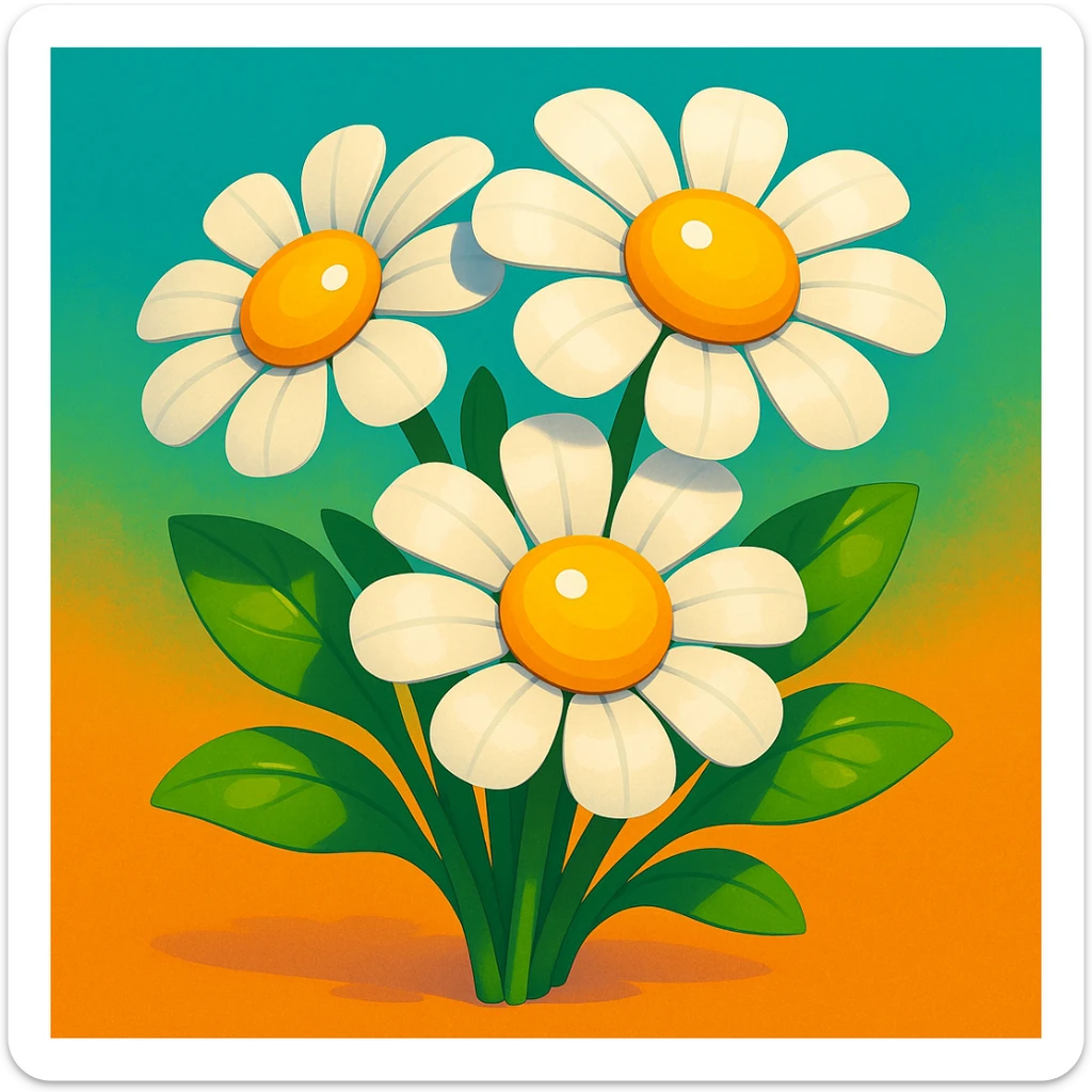 bouquet of three cartoon daisies with white petals and yellow centers, green leaves, shiny and smooth, soft shadows, vibrant and friendly look, Pixar animated movie style sticker