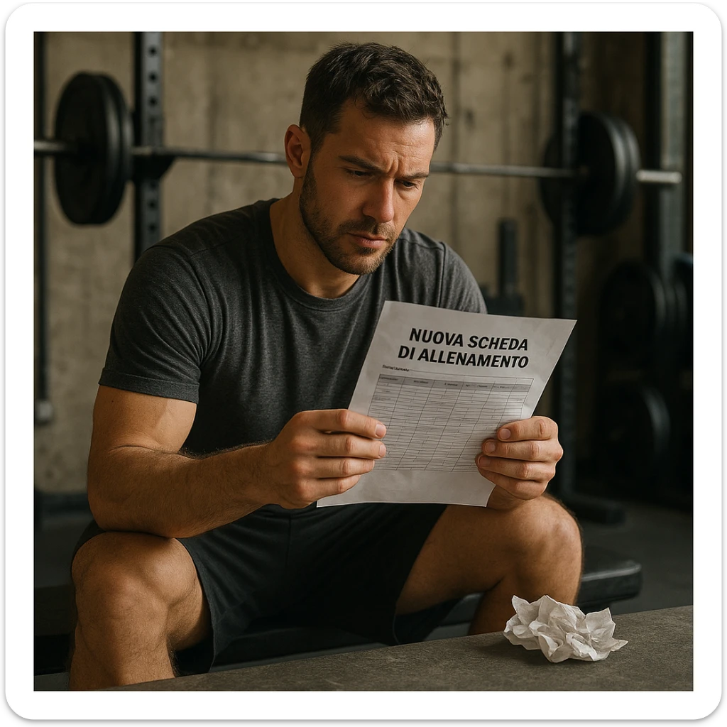 Uomo seduto su una panca in palestra che legge una nuova scheda di allenamento scritta in italiano, vecchia scheda accartocciata accanto, atmosfera realistica, dettagli iperrealistici 4K. sticker
