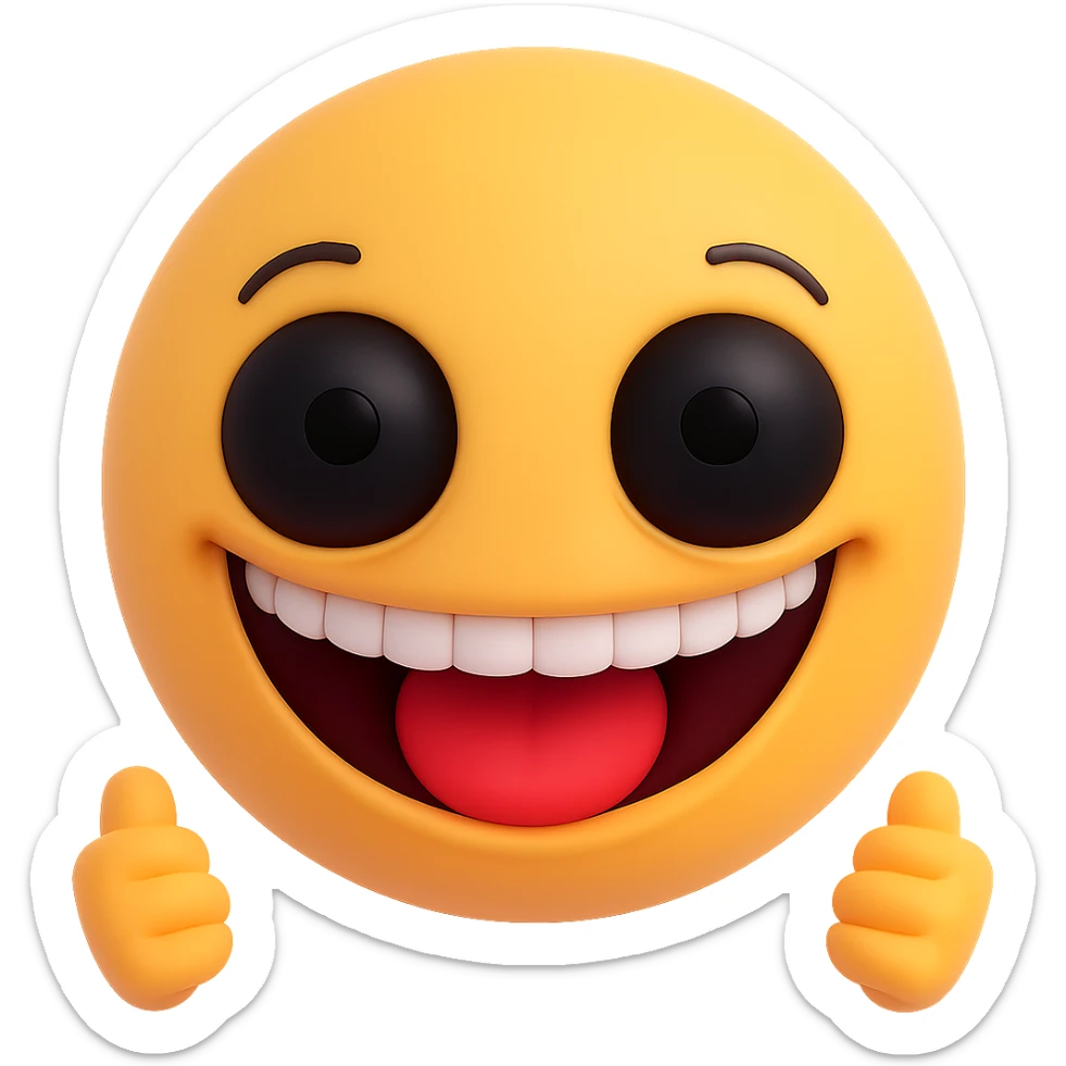 Make the overly happy emoji even scarier by exaggerating the smile and eyes while keeping the style consistent. Remove the background. sticker