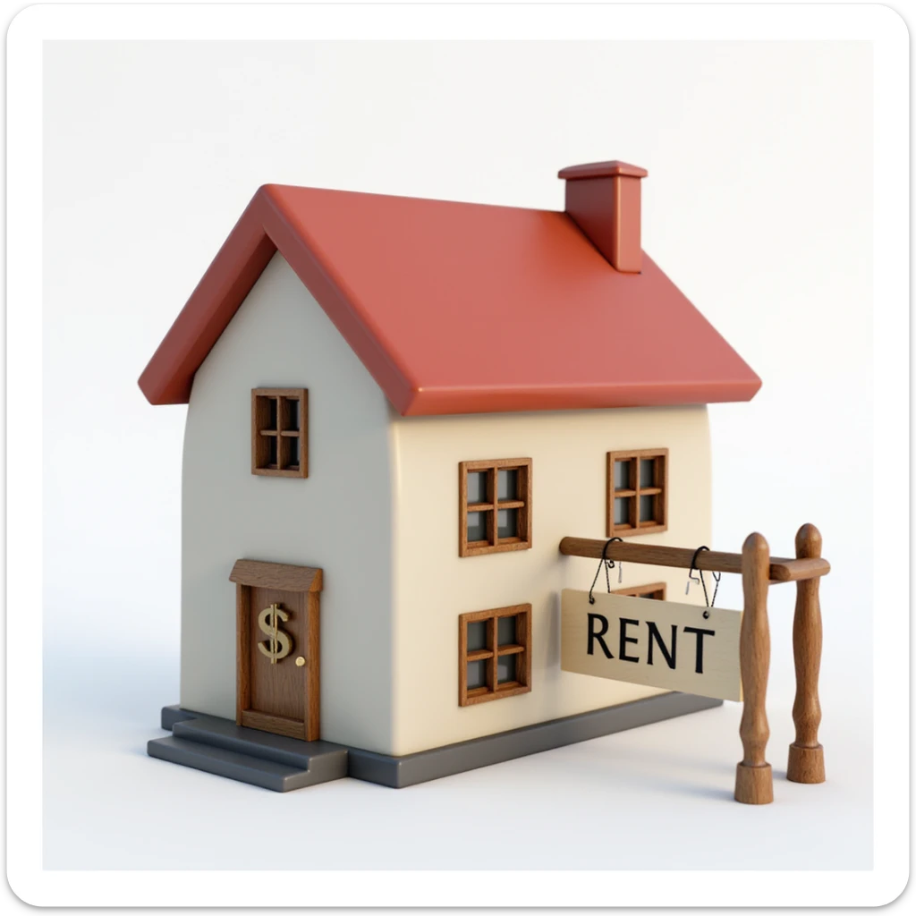 realistic apartment rent icon, apartment exterior with a dollar sign and rental sign, lifelike details sticker