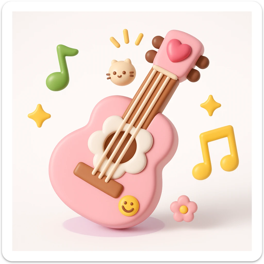 3D iOS style emoji of a pink guitar with musical notes and a cat, mimicking the colors and composition of the reference image. sticker