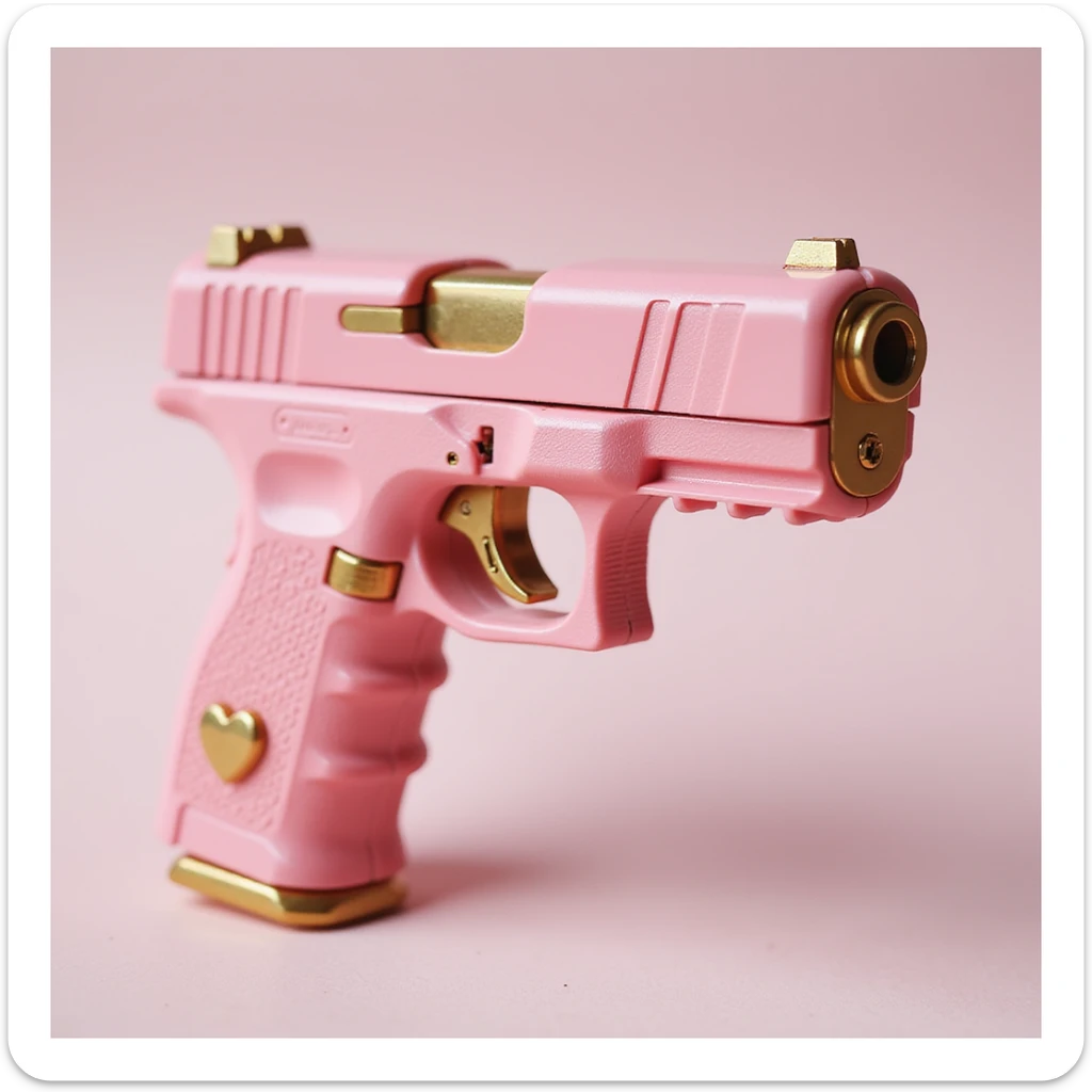 photorealistic pink pistol with a gold trigger and accents, no heart shapes or motifs, on a white background sticker