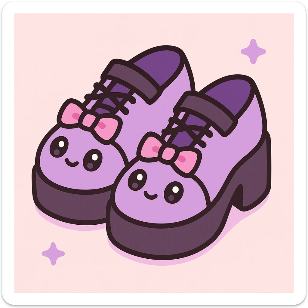 Make the BLACKPINK-inspired gothic shoes primarily purple with black and pink accents, cute and stylish, kawaii style, no socks, no hearts. sticker