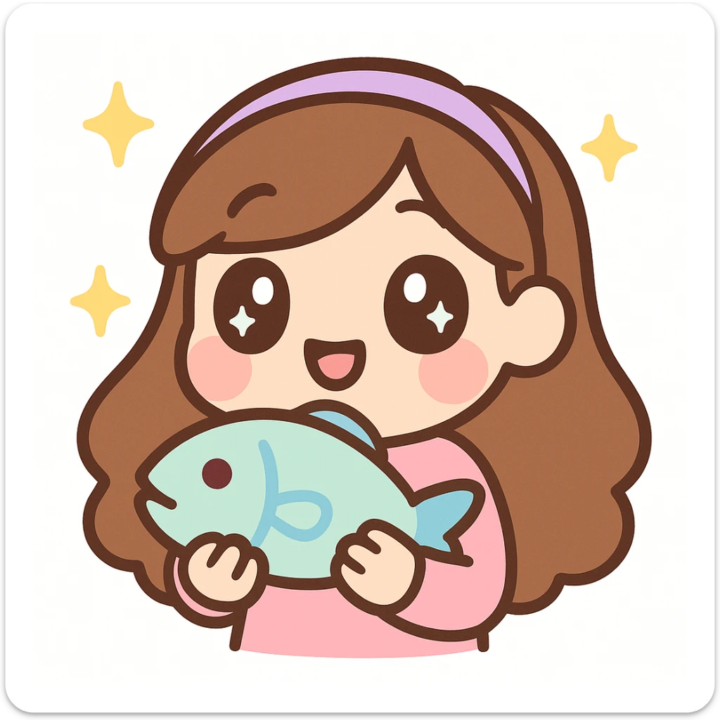 twitch emote of a cute cartoon girl with long brown hair holding a fish, digital art, soft shading, big eyes, playful expression sticker