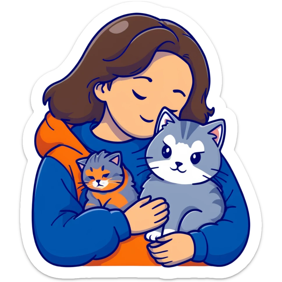 Brunette girl with dark blue sweatshirt snuggling a fluffy grey Siberian cat sticker