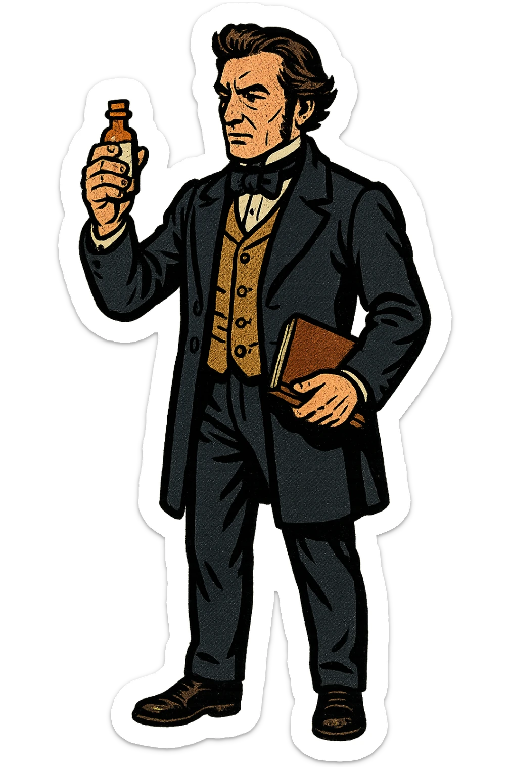 The full body of a male English surgeon from the 1800s holding a small bottle of medicine and a note book sticker