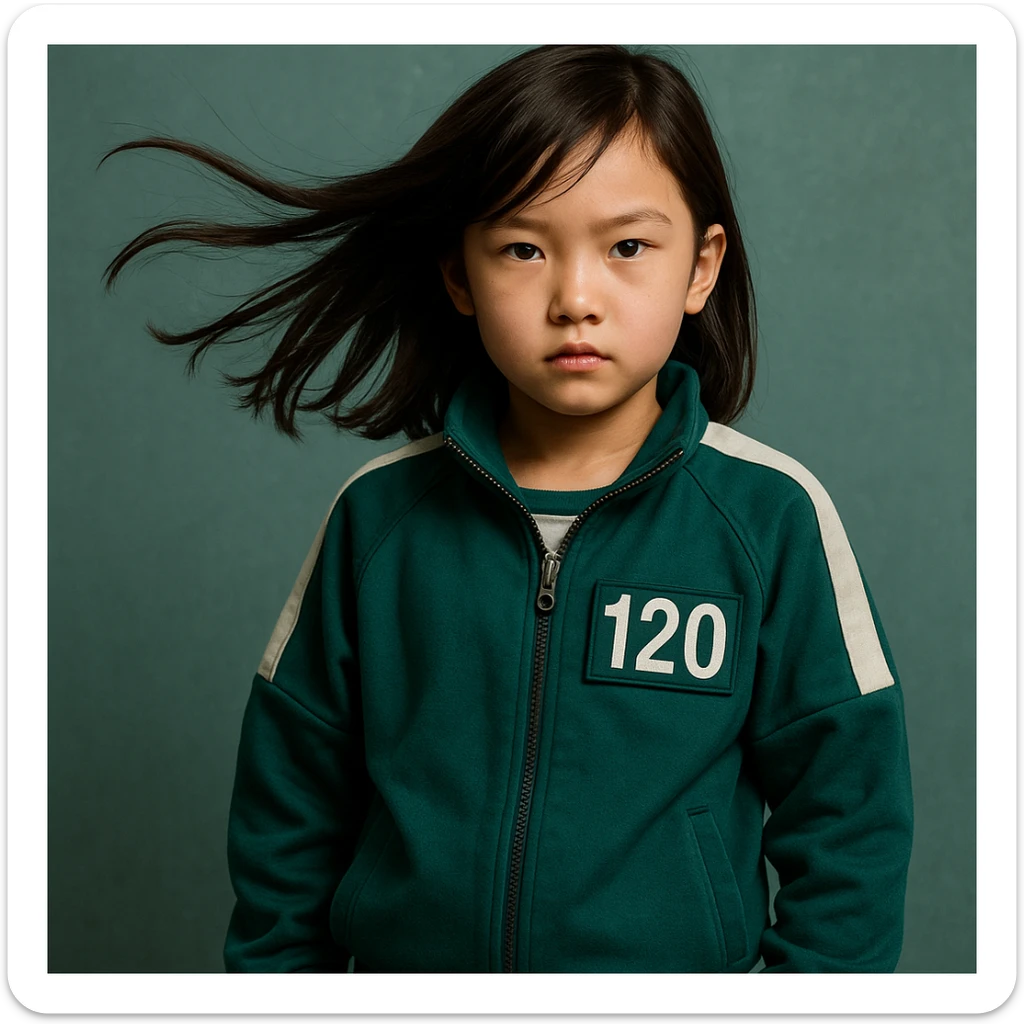 A girl with sideways hair, wearing a Squid Game-style coat with the number 120 on the right side of the coat sticker